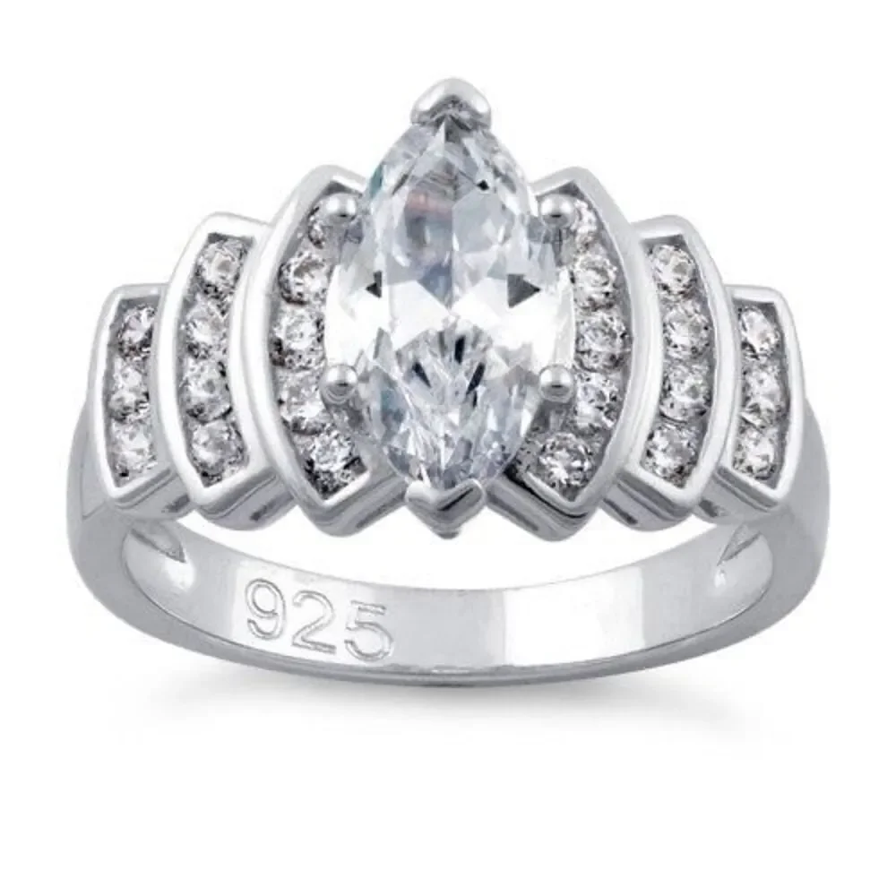 New Sterling Silver Marquise Engagement Clear CZ Ring